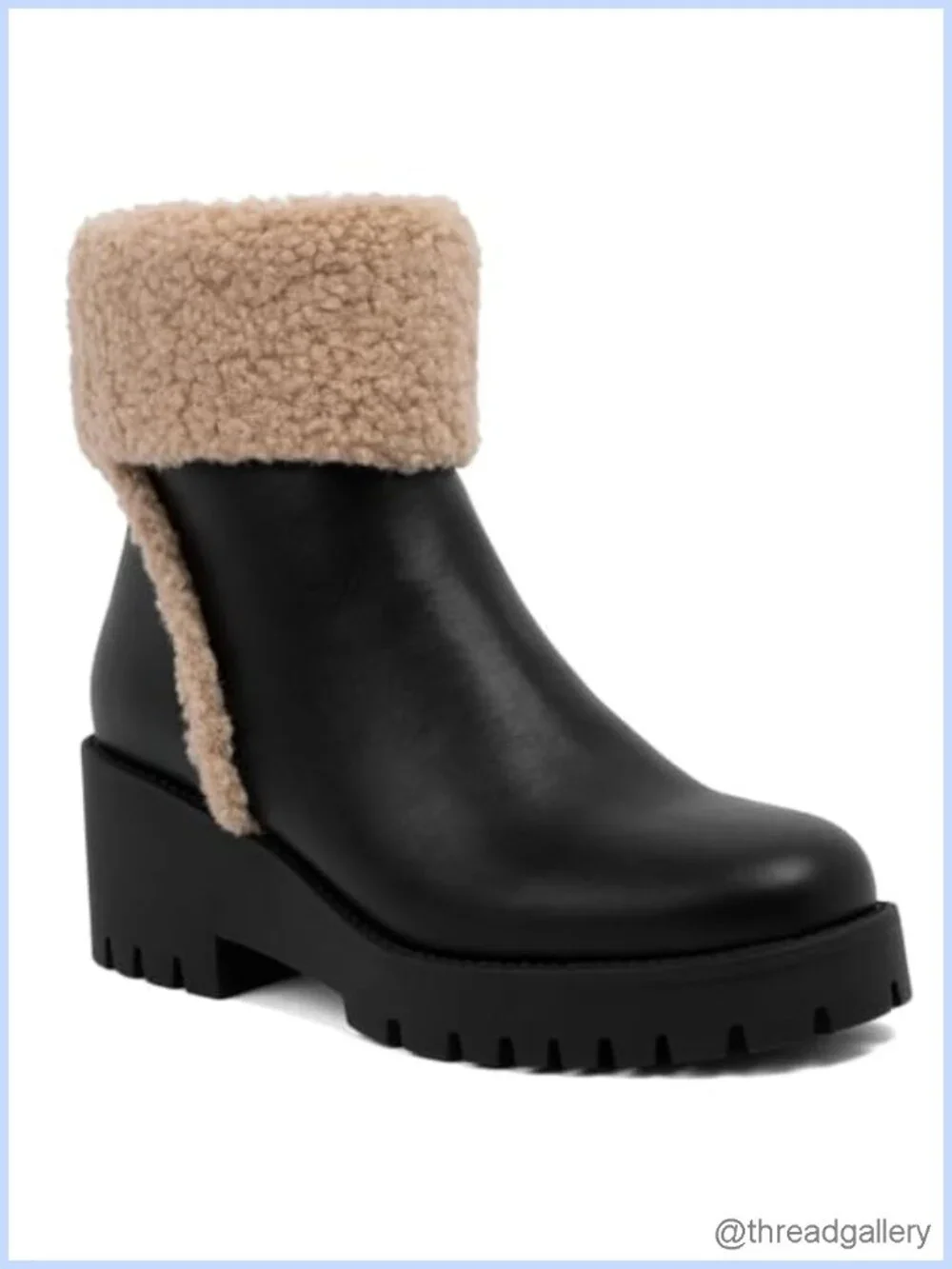 Chunky Heel Vegan Leather Ankle Booties with Faux Shearling Cuff - Warm Winter